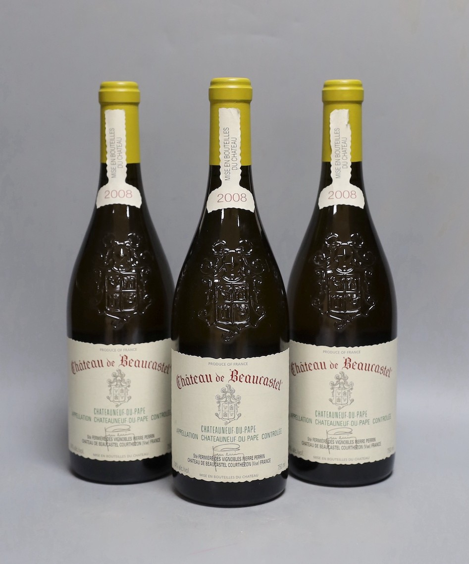 Three bottles Chateau de Beaucastel Chateauneuf-du-Pape Blanc (92pts Wine Spectator),2008, 75cl